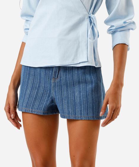 short feminino jeans listrado azul