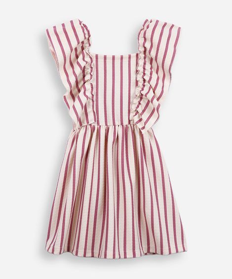 vestido infantil com babado texturizado listrado colorido
