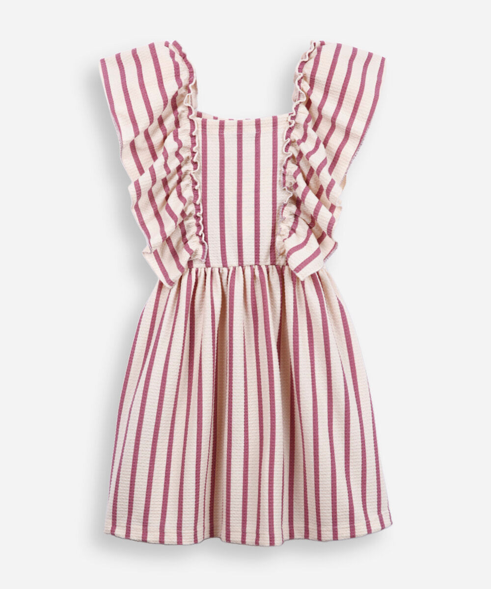 vestido infantil com babado texturizado listrado colorido