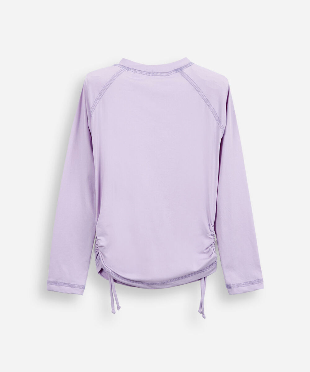 camiseta infantil praia uv a com franzido lateral lilás