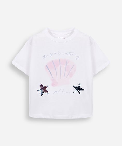 camiseta infantil de algodão com paetê estampada off white