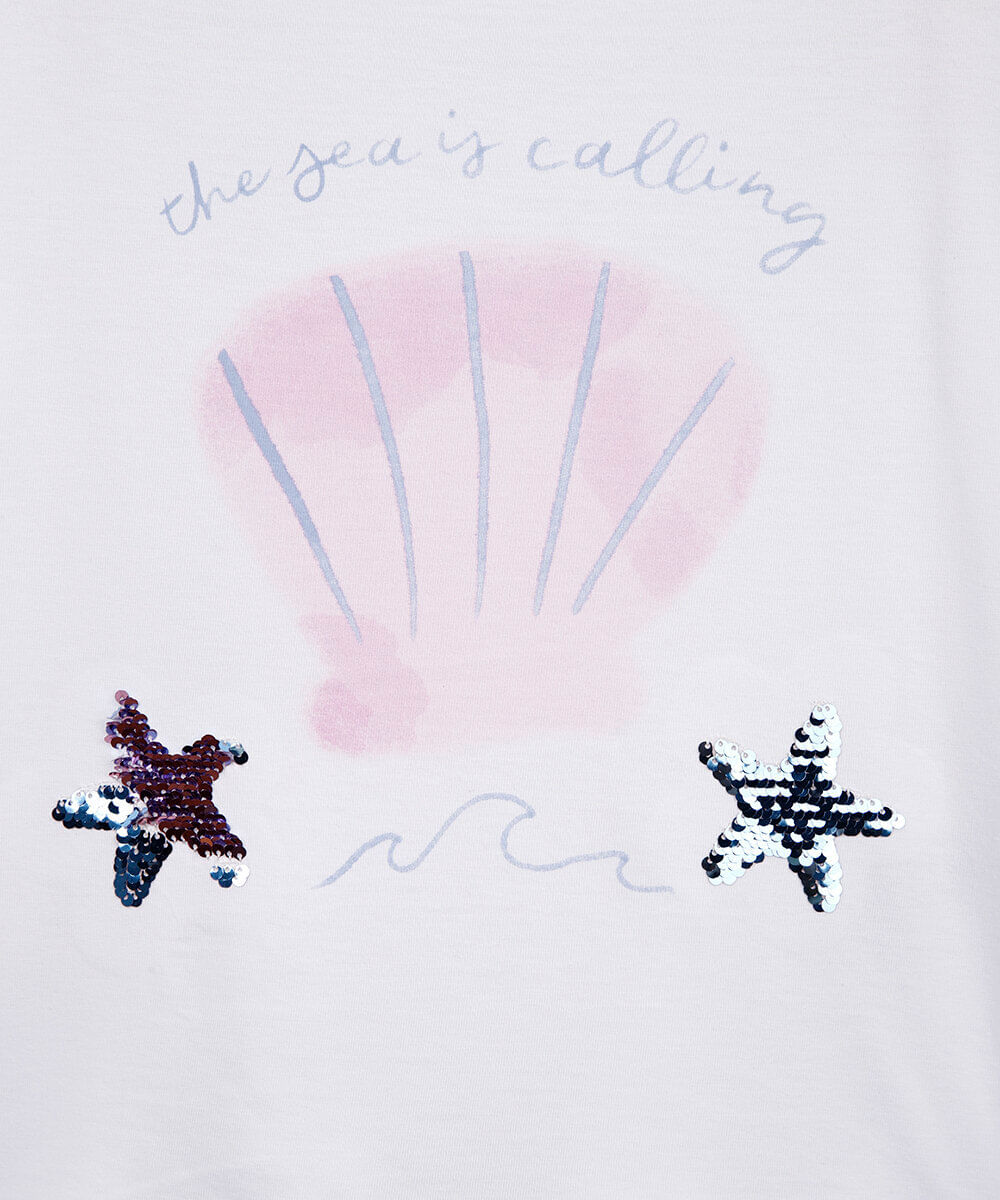 camiseta infantil de algodão com paetê estampada off white