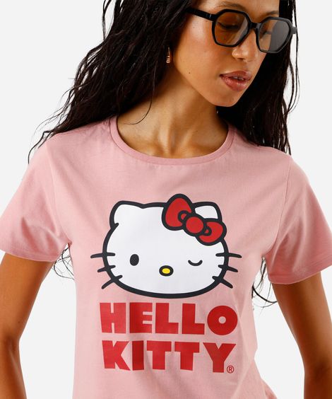 camiseta feminina de algodão hello kitty rosa