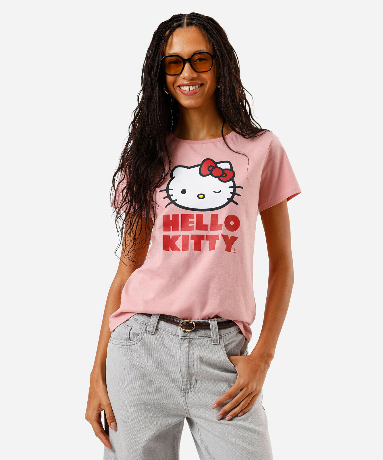 camiseta feminina de algodão hello kitty rosa