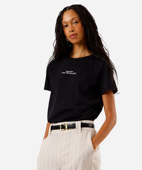 camiseta feminina de algodão estampada preta