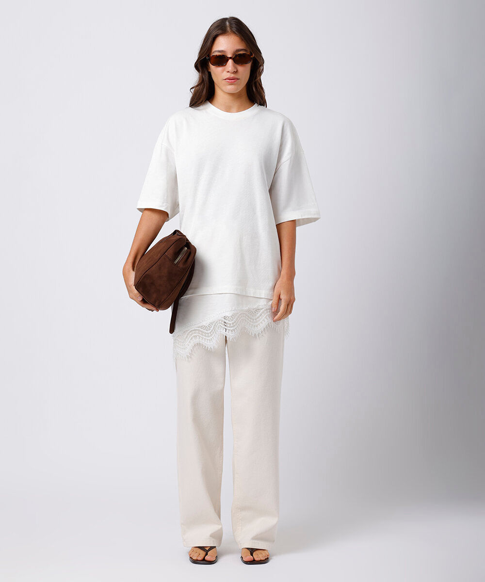camiseta alongada feminina de algodão com renda mindset off white