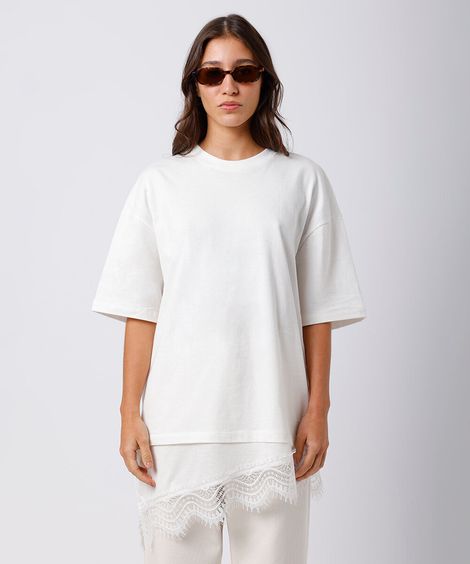camiseta alongada feminina de algodão com renda mindset off white