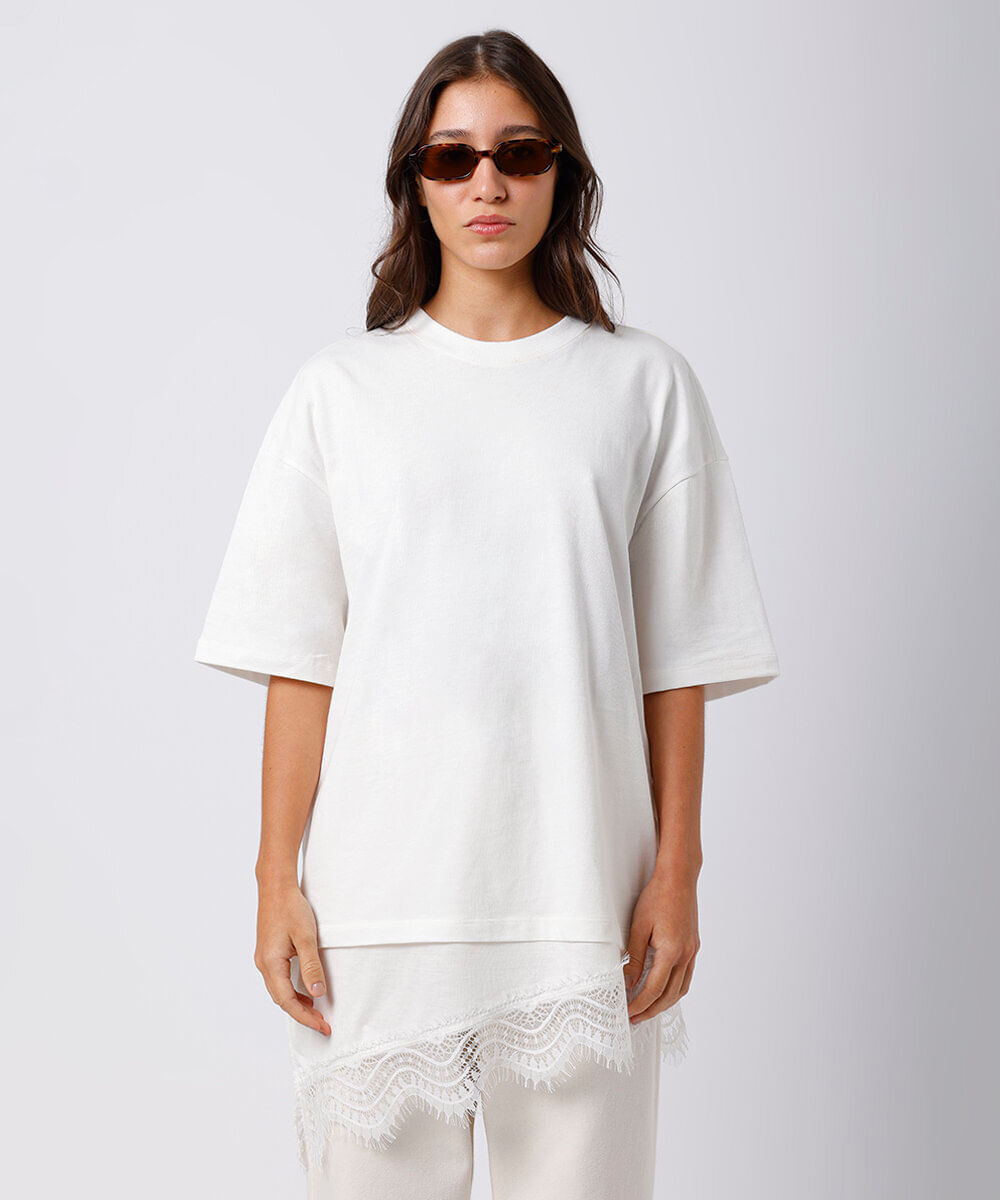 camiseta alongada feminina de algodão com renda mindset off white