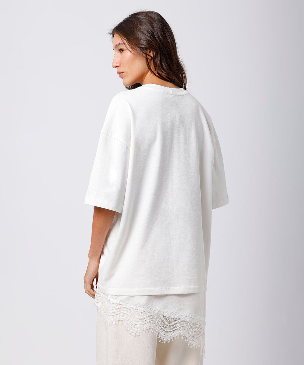camiseta alongada feminina de algodão com renda mindset off white