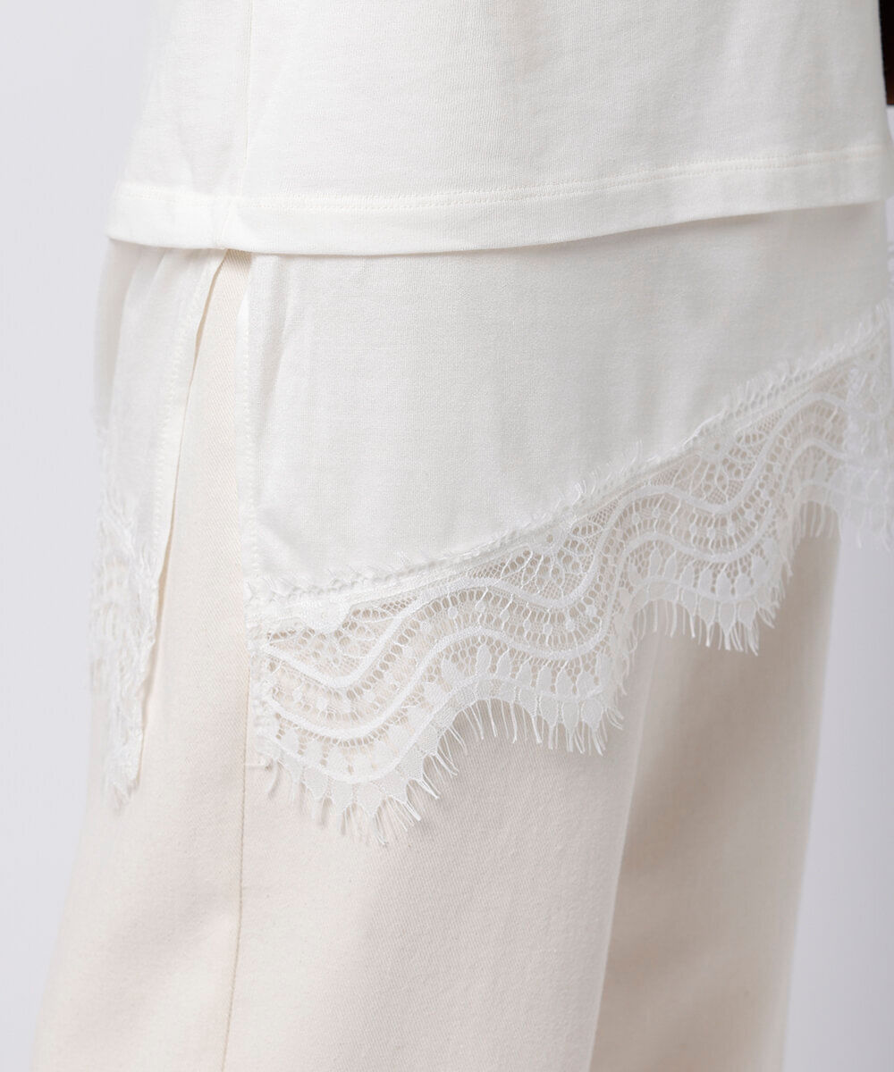 camiseta alongada feminina de algodão com renda mindset off white
