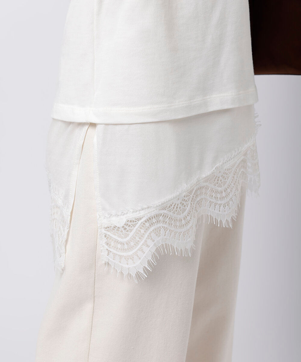 camiseta alongada feminina de algodão com renda mindset off white