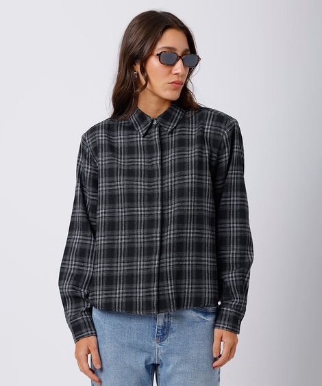 camisa feminina com ombreiras xadrez mindset preta