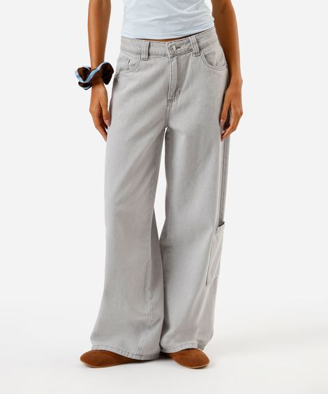 calça skater feminina jeans cintura baixa cinza