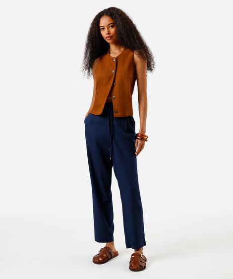 calça feminina com linho e passante largo azul