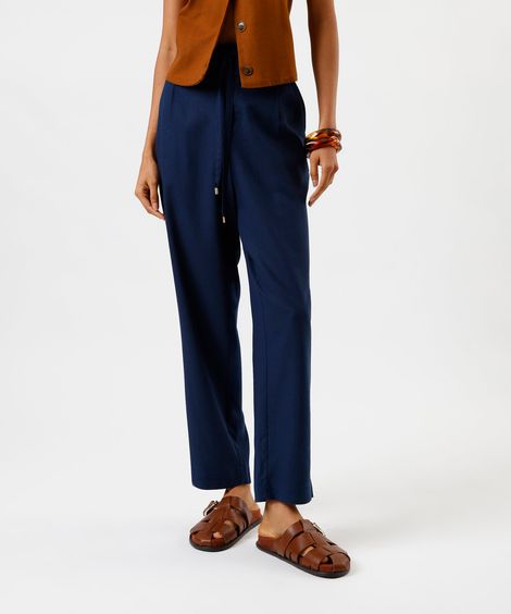 calça feminina com linho e passante largo azul