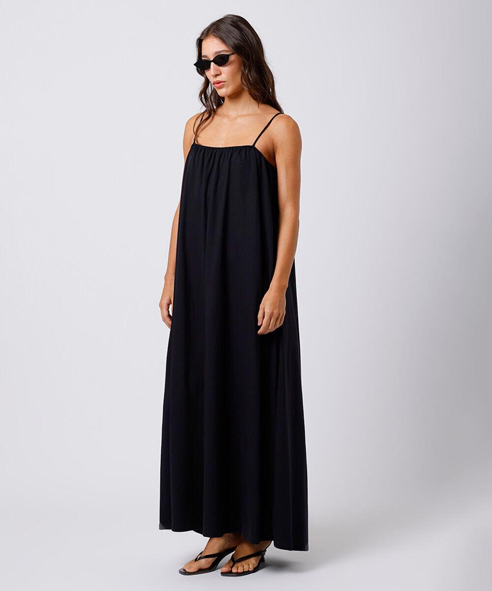 vestido longo alça fina feminino de algodão franzido mindset preto