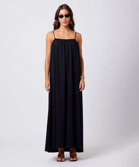 vestido longo alça fina feminino de algodão franzido mindset preto