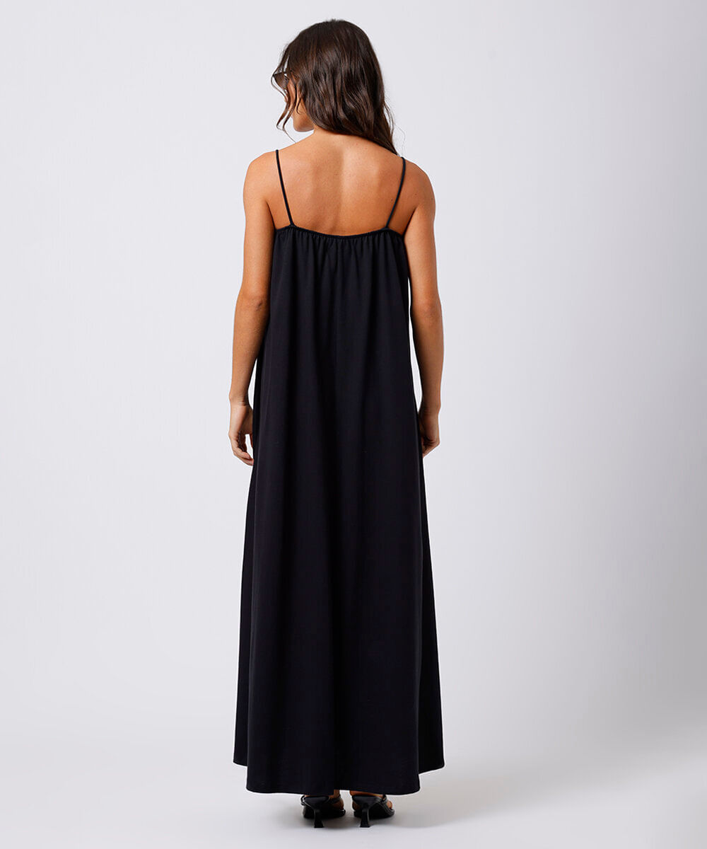 vestido longo alça fina feminino de algodão franzido mindset preto