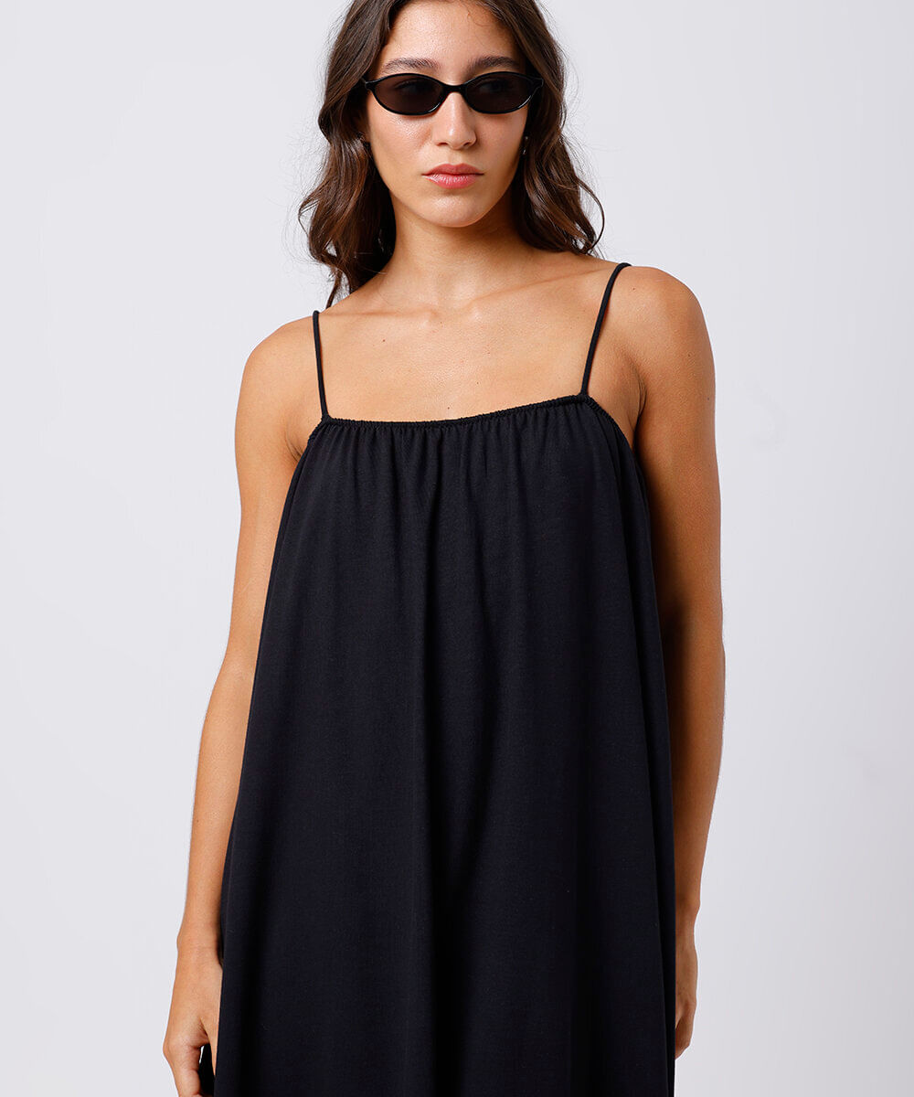 vestido longo alça fina feminino de algodão franzido mindset preto