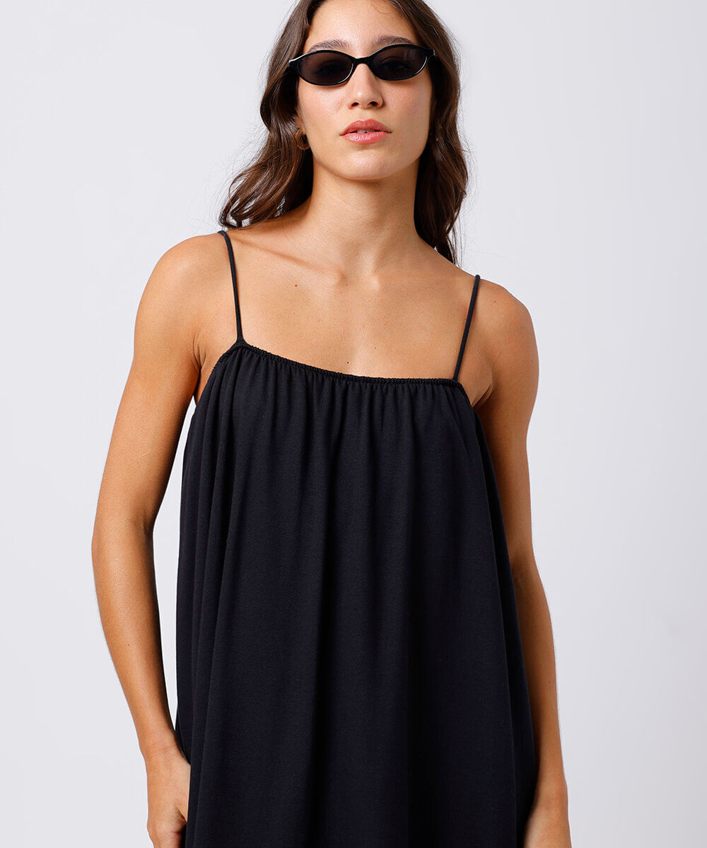 vestido longo alça fina feminino de algodão franzido mindset preto