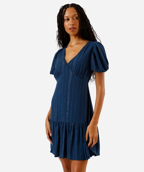 vestido curto com viscose e lurex azul