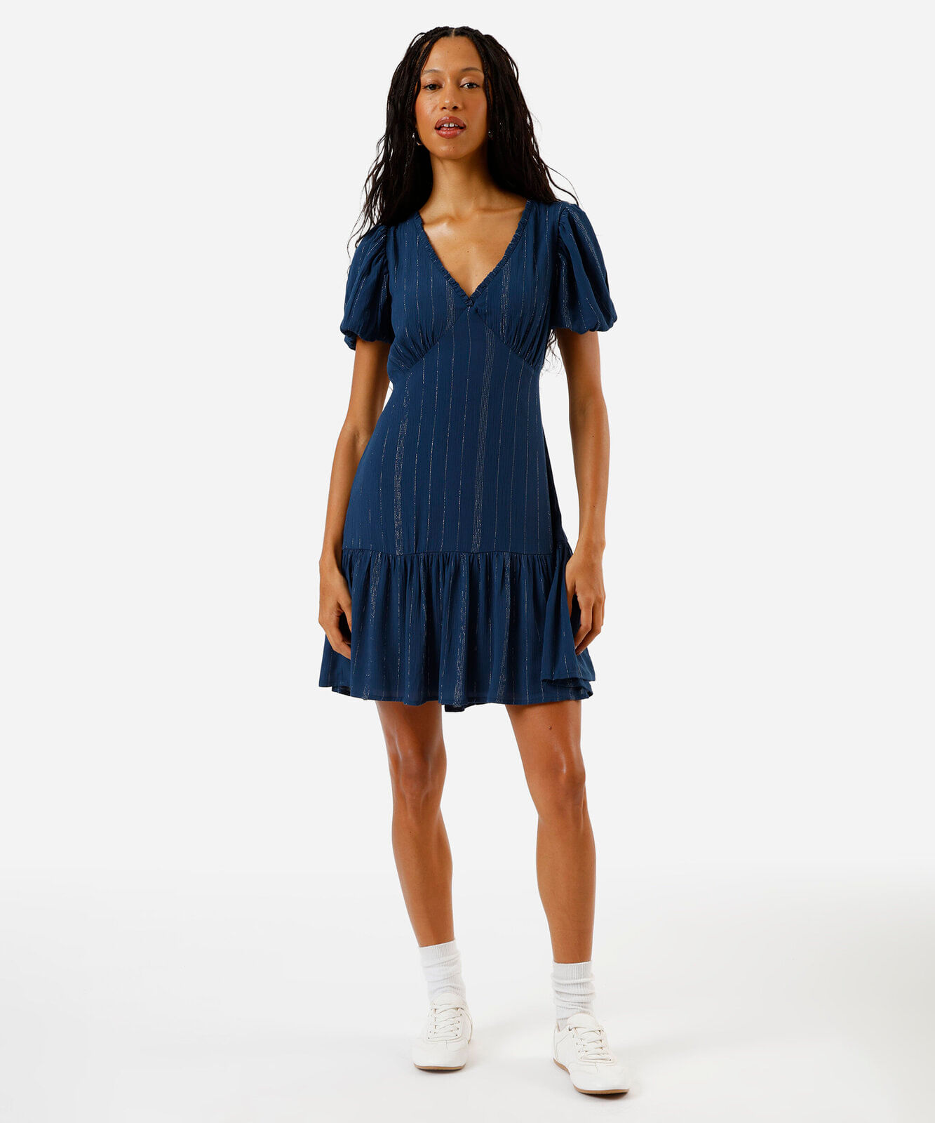 vestido curto com viscose e lurex azul
