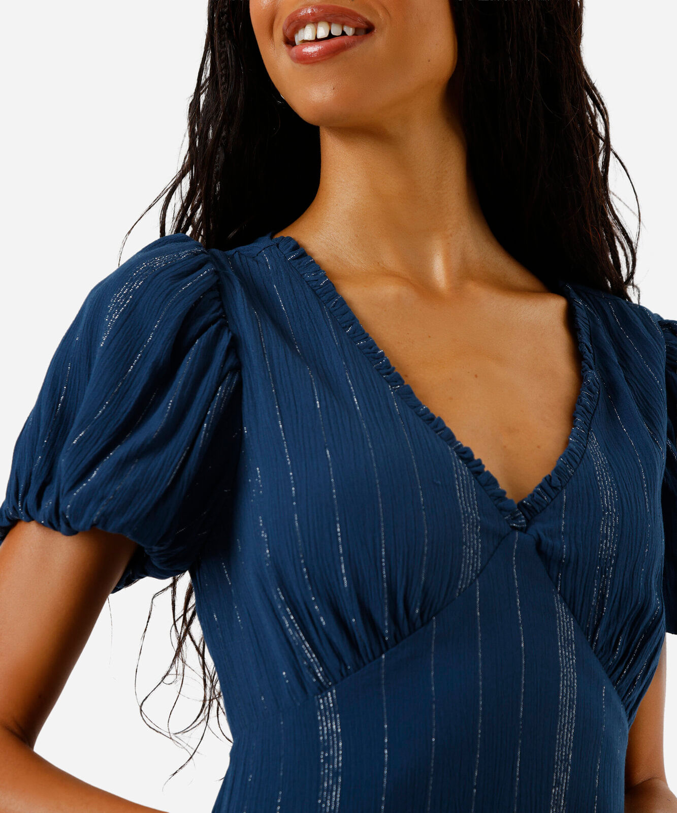 vestido curto com viscose e lurex azul