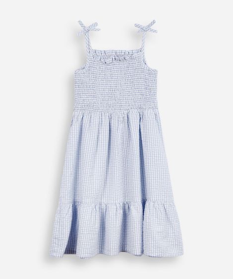 vestido infantil de algodão franzido xadrez azul