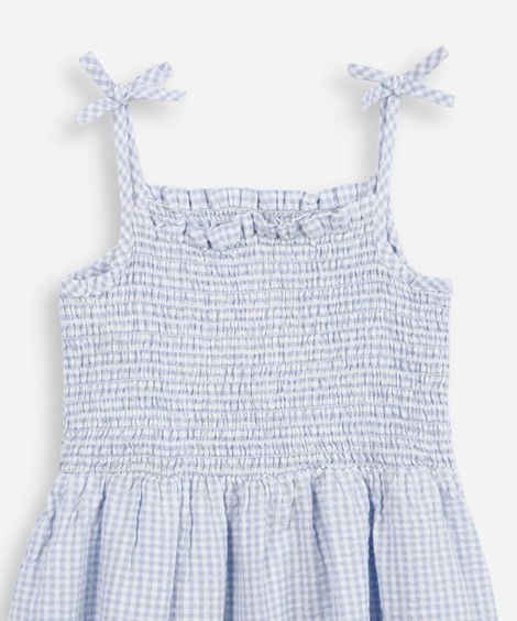 vestido infantil de algodão franzido xadrez azul