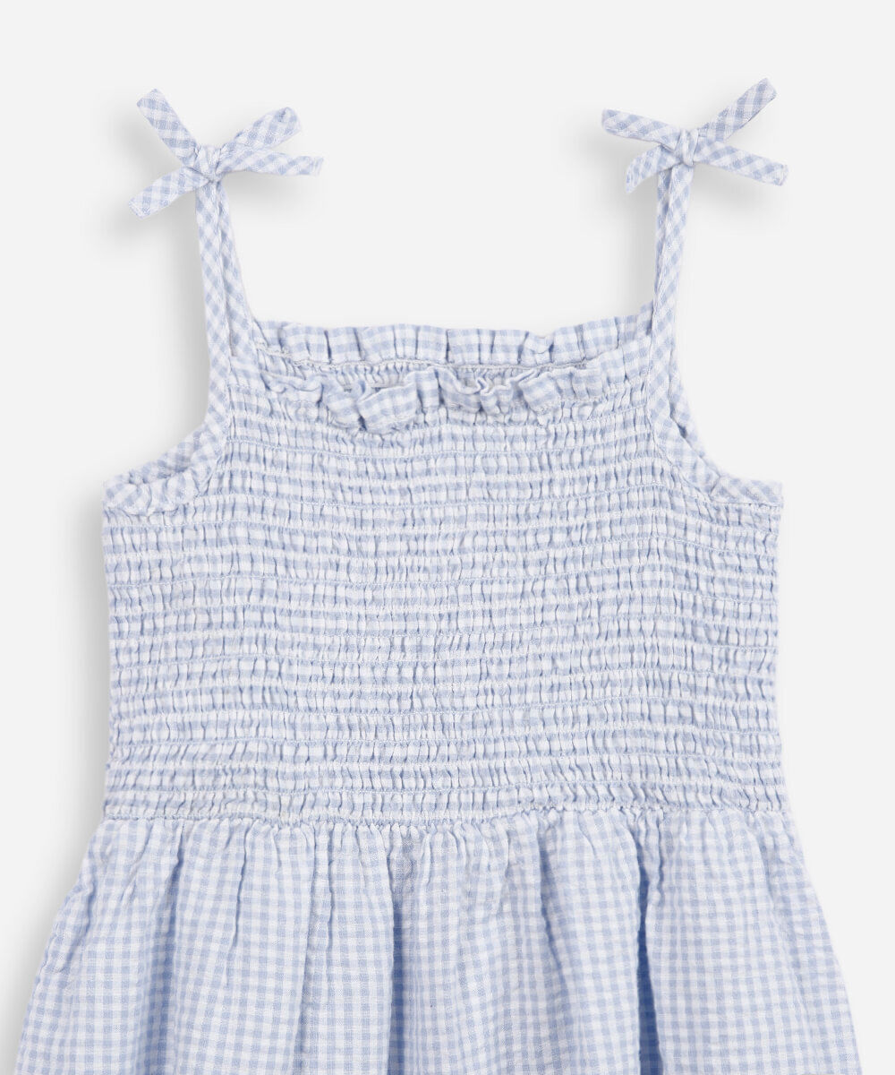 vestido infantil de algodão franzido xadrez azul