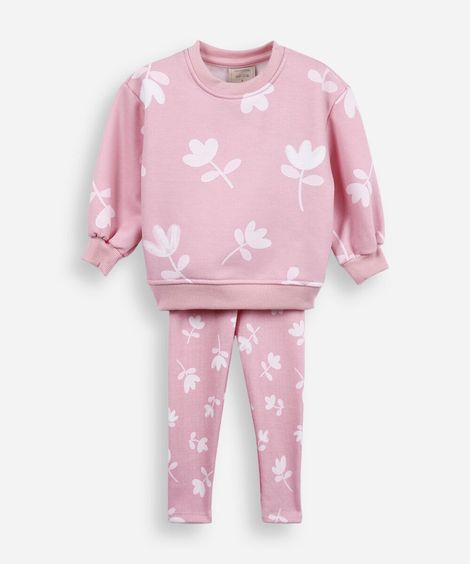 conjunto longo infantil com algodão floral  rosa