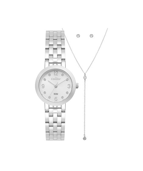 kit relógio feminino condor analógico co2035nwyk4k prateado