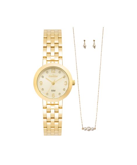 kit relógio feminino condor analógico co2035nwzk4d dourado
