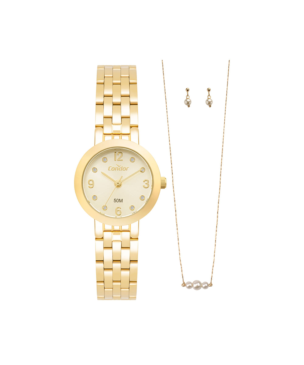 kit relógio feminino condor analógico co2035nwzk4d dourado
