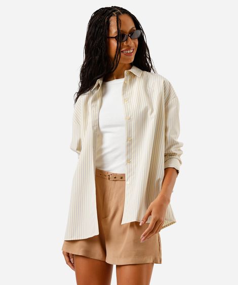 camisa feminina listrada manga longa com detalhe ajustável amarela