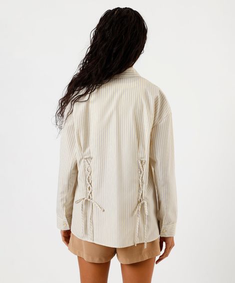 camisa feminina listrada manga longa com detalhe ajustável amarela