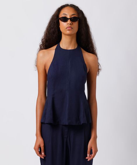 blusa peplum feminina com linho mindset azul