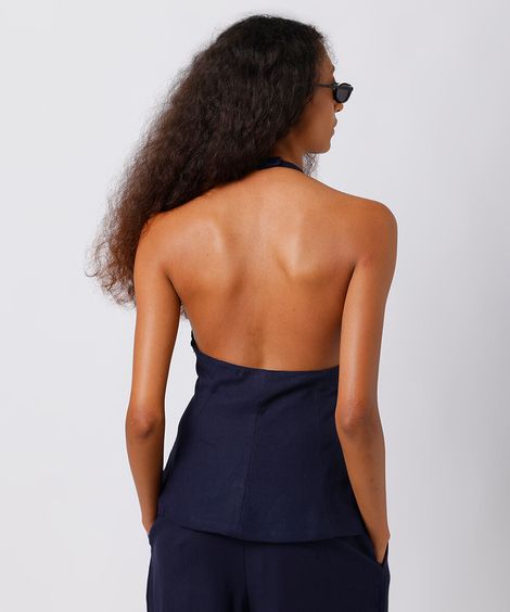 blusa peplum feminina com linho mindset azul