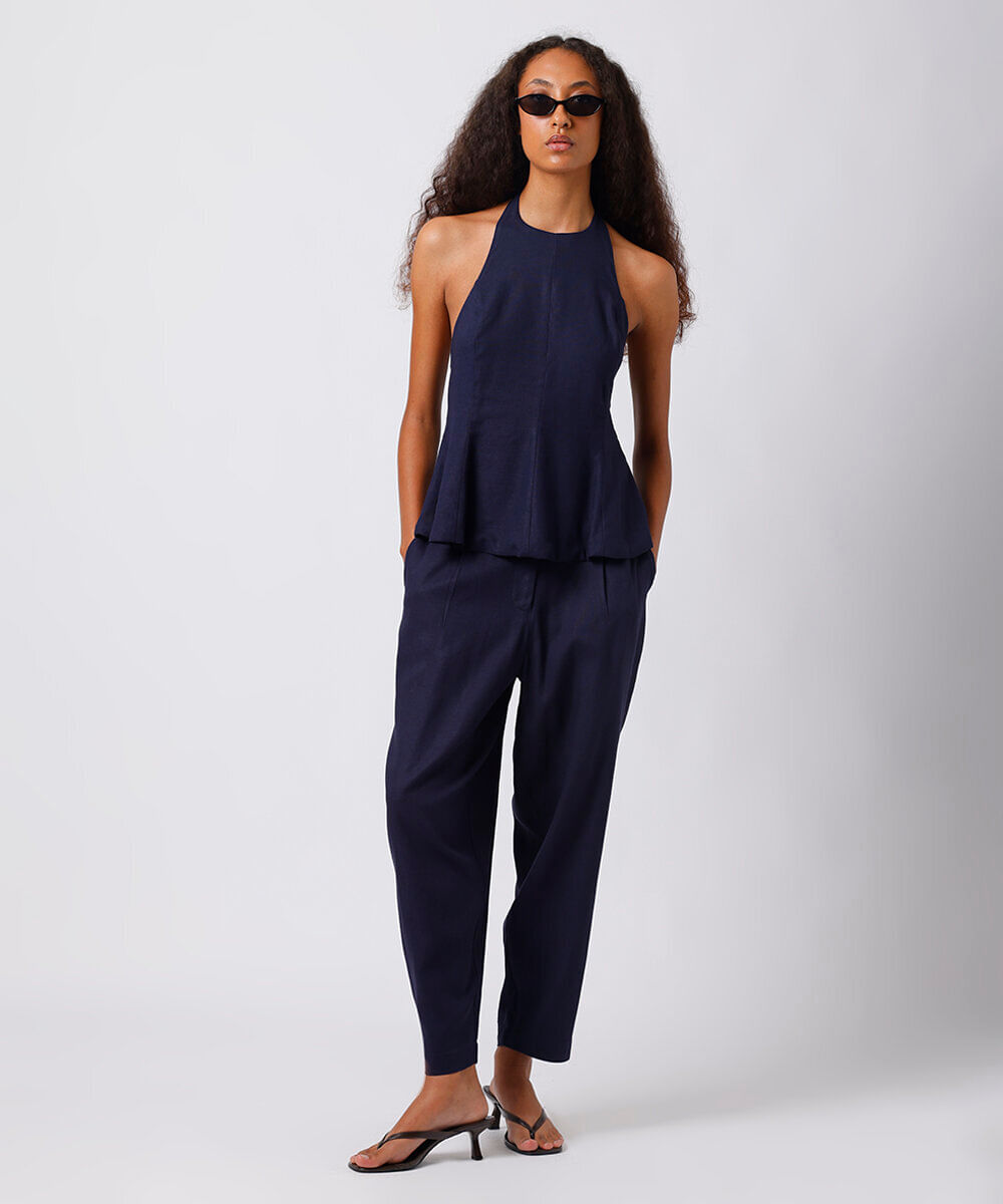 blusa peplum feminina com linho mindset azul
