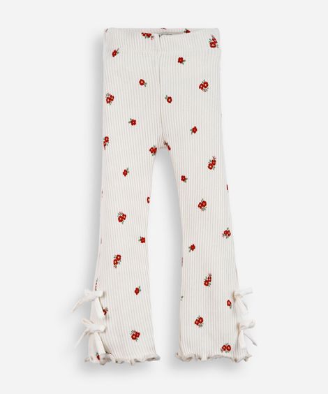 calça flare infantil de algodão floral com laços canelada colorido