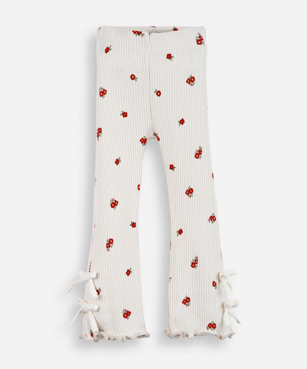 calça flare infantil de algodão floral com laços canelada colorido