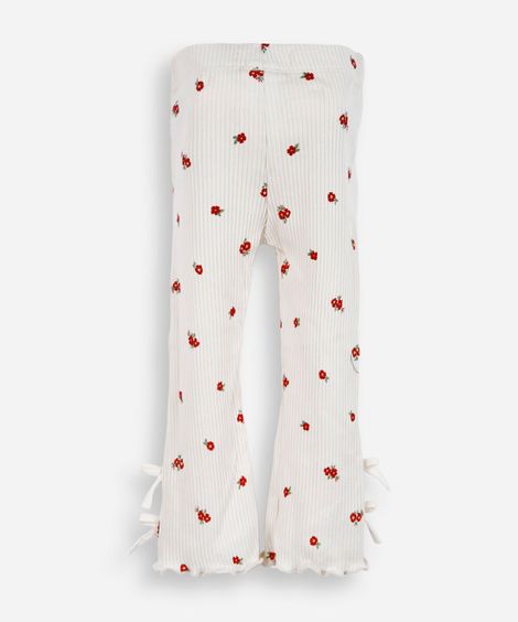 calça flare infantil de algodão floral com laços canelada colorido