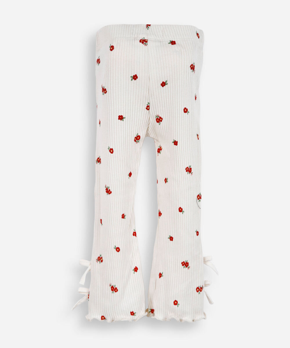 calça flare infantil de algodão floral com laços canelada colorido