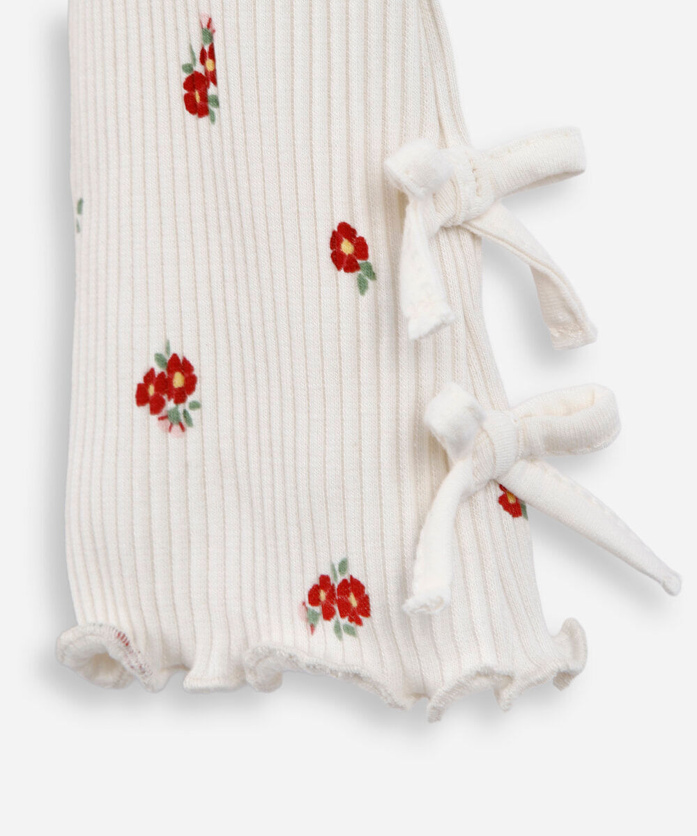 calça flare infantil de algodão floral com laços canelada colorido
