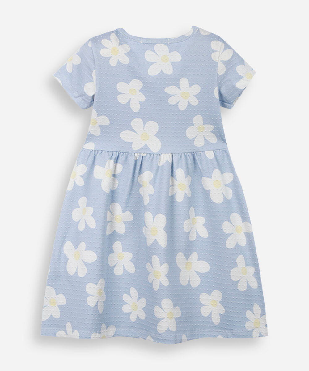 vestido infantil poá estampa margaridas azul