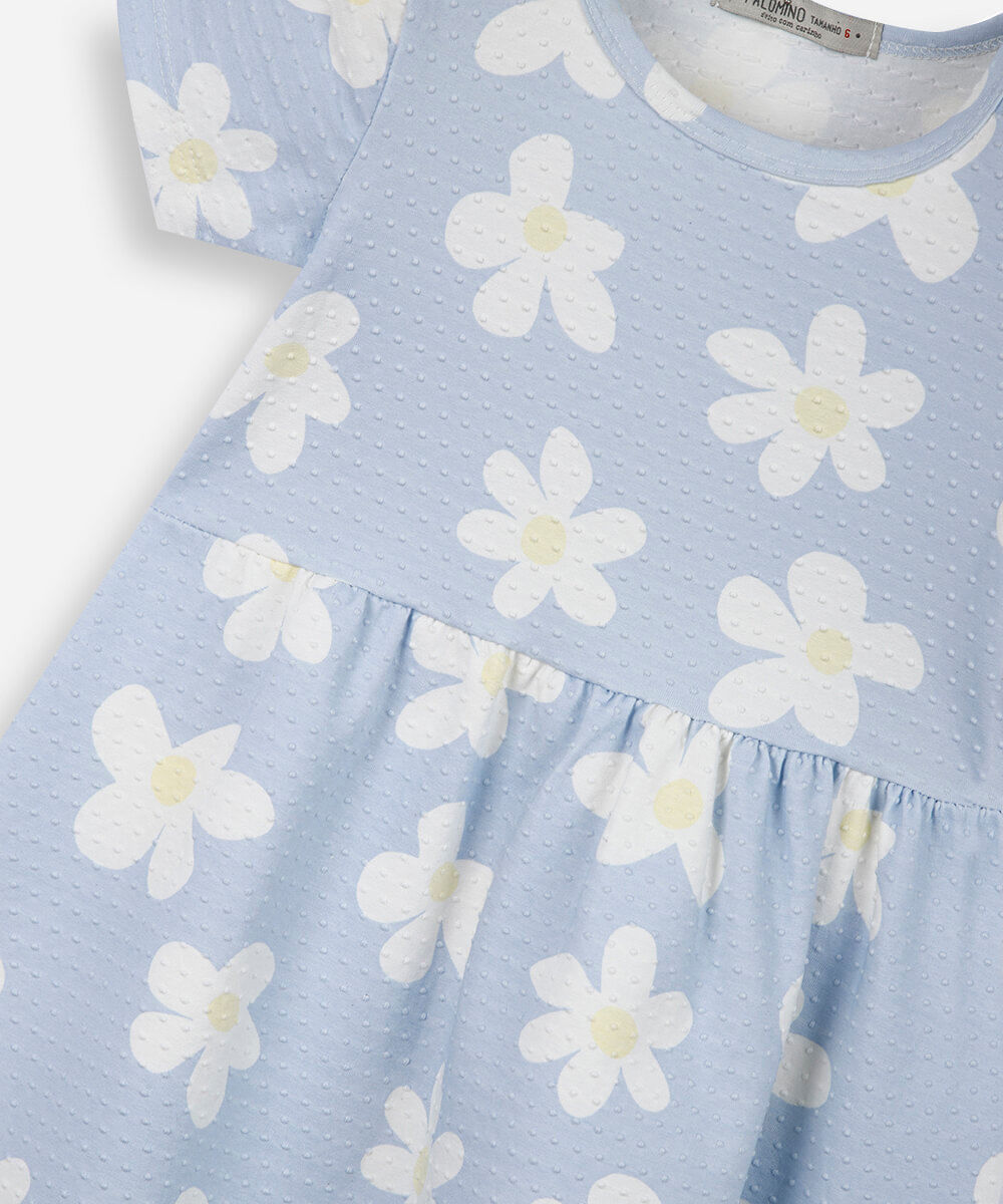 vestido infantil poá estampa margaridas azul
