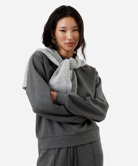 blusão básico alongado feminino de moletom com recorte cinza