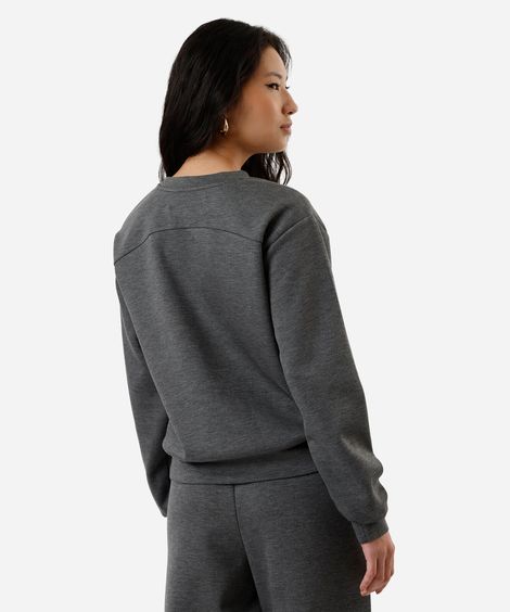 blusão básico alongado feminino de moletom com recorte cinza