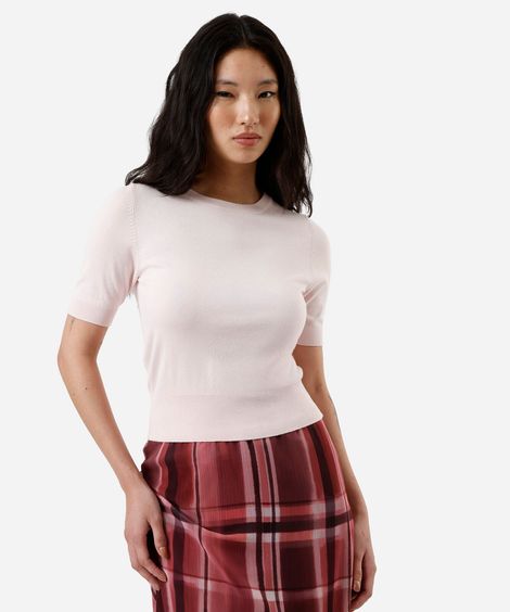 blusa cropped feminina de tricot manga curta rosa