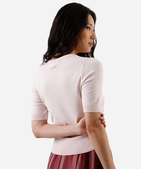 blusa cropped feminina de tricot manga curta rosa